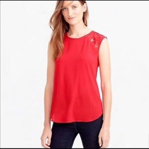 Red Jcrew blouse with lace cap sleeves